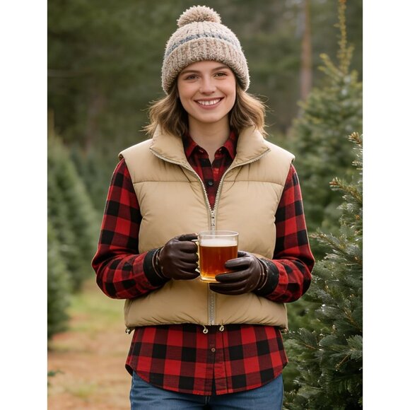 Women's Khaki Fashion High Neck Zipper Cropped Puffer Vest Jacket Coat Cardigan - Picture 4 of 6